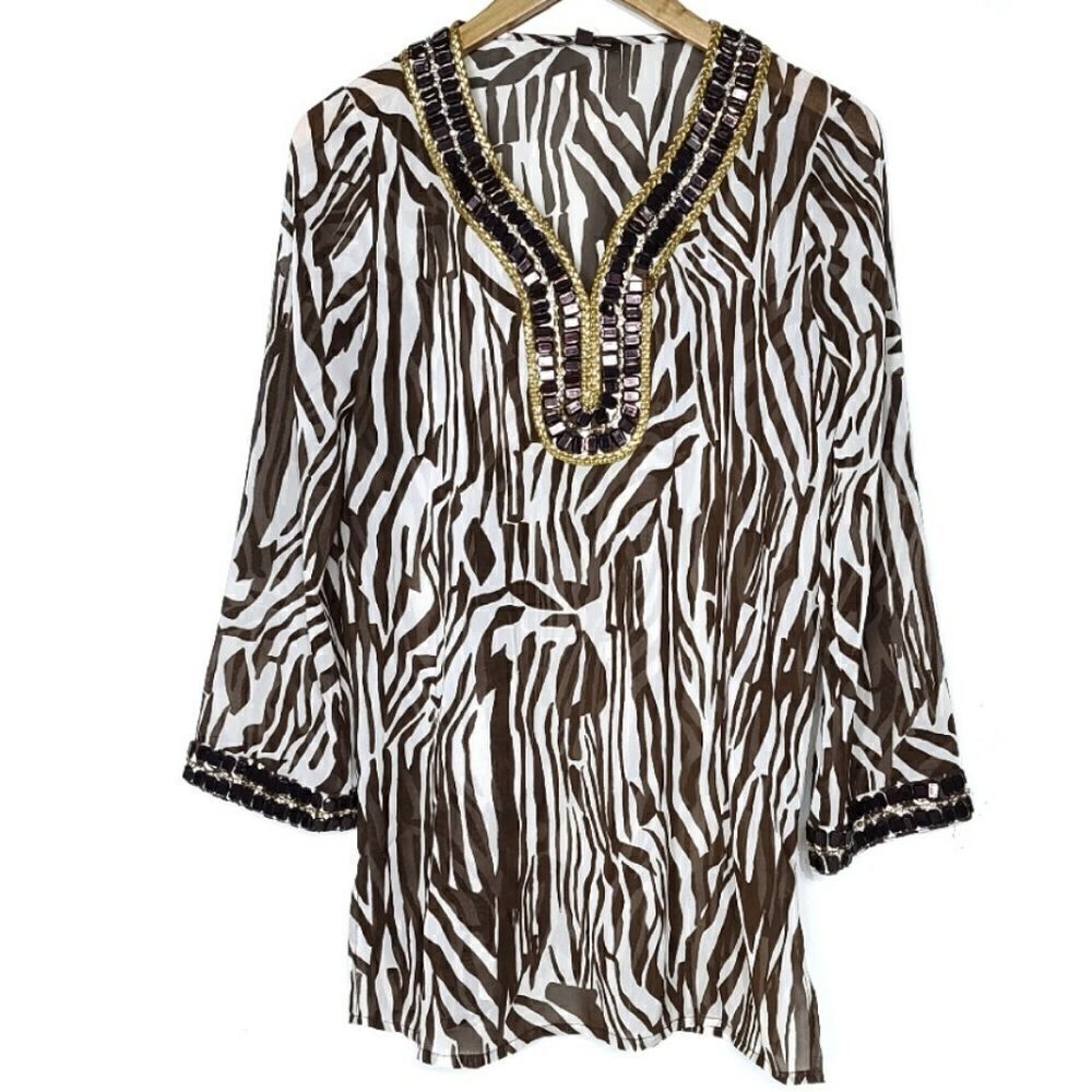 Adrienne Vittadini Zebra White And Brown Tunic